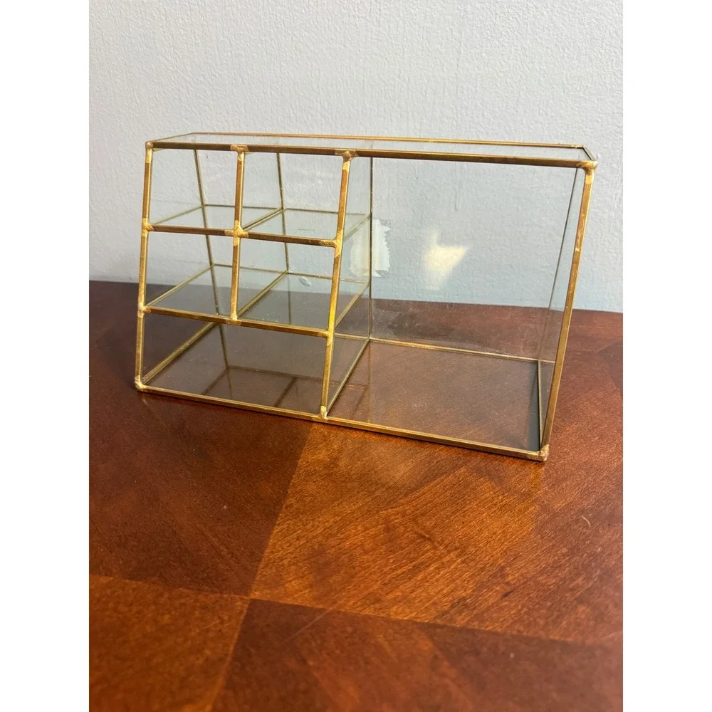 Vintage Gold Glass Makeup Organizer Vanity Storage Caddy Tiered 6Compartment